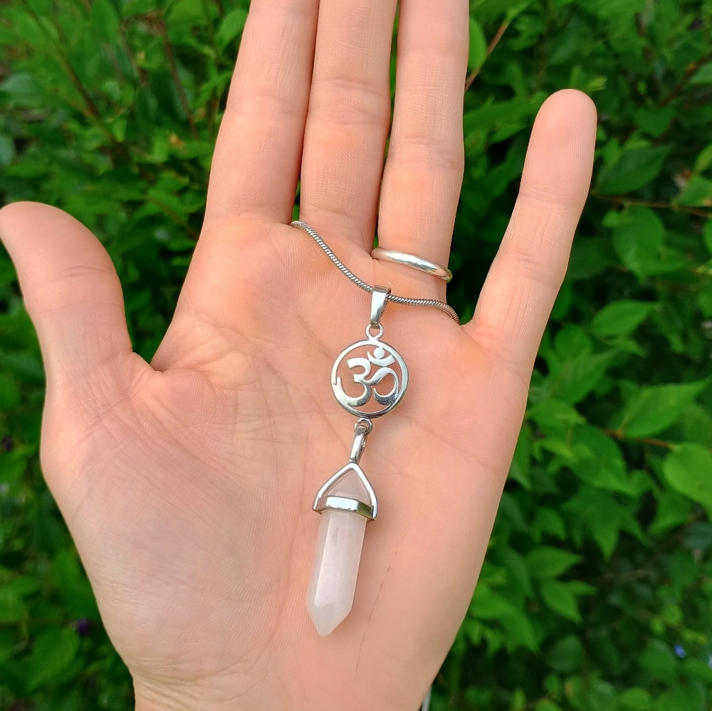 Crystal Rose Quartz Om Symbol Necklace Pendant With Stainless Steel Chain